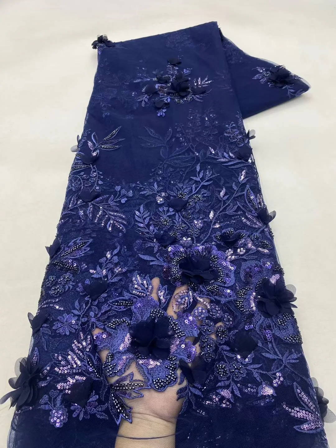 African Lace Fabric 2026 High Quality French 3D Flower Sequins Embroidery Beads Tulle Lace Fabric For Party Dress
