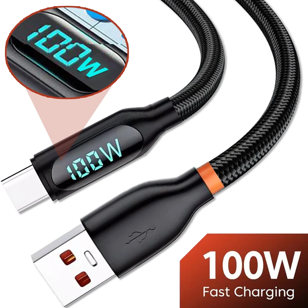 Sturdy Nylon Type-C Wire Cord 100W High-speed Charger Cables QC3.0 Digital Display USB C Fast Charging Data Cord for Android