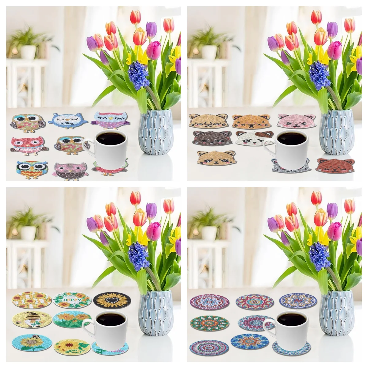 8 مجموعات من اللوحات الماسية التي تصنعها بنفسك: البومة/الدب/الأقزام/الماندالا/النمط، الوقايات الخشبية غير القابلة للانزلاق، غرفة المعيشة، المطبخ