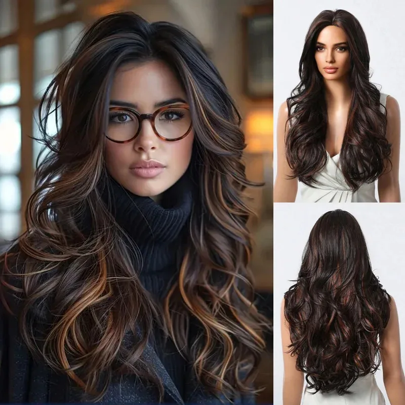 

Long Curly Wavy Brown Synthetic Wigs Highlights Brown Hair For Women Daily Use Middle Part Natural Looking