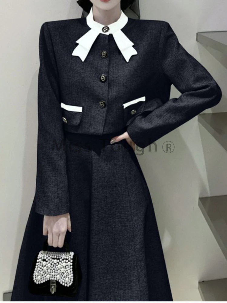 Korean Elegant Two Piece Set Women Autumn Chic Bow Coat Folds Midi Skirt Set Vintage Office Lady Fashion Party Skirt Suit Winter