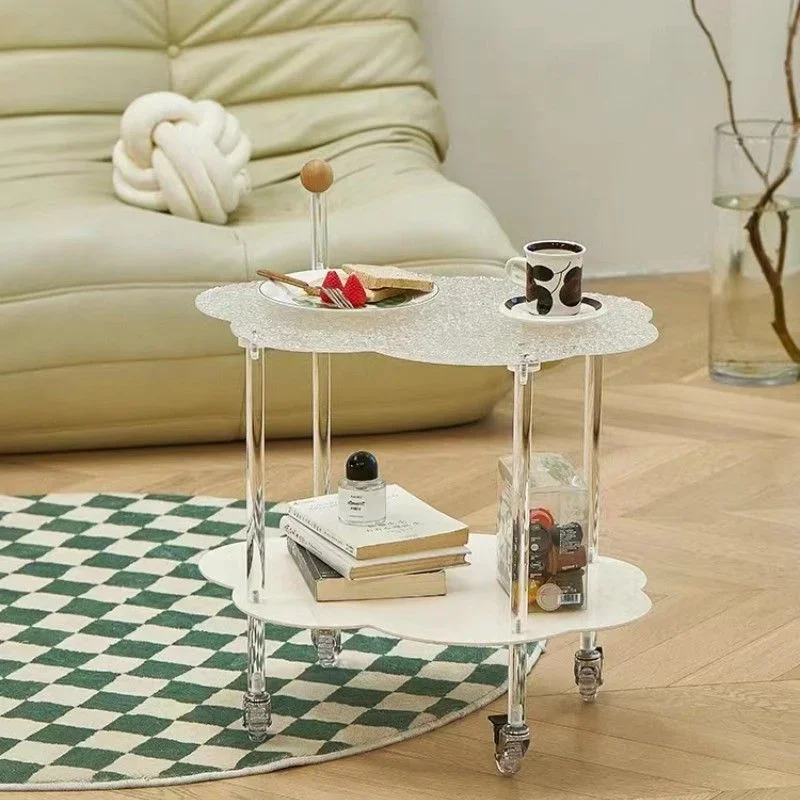 

Cloud Tea Table Nordic 2 Layers Storage Cart Simple Movable Living Room Acrylic Transparent Edge Table Coffee Tables Rolling