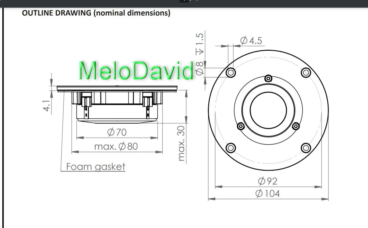 Warecor TW030WA10 WA22 (30mm 1,2 Zoll) Seidenkalotten-Hochtöner 8Ω 104mm Panel – Detail 1