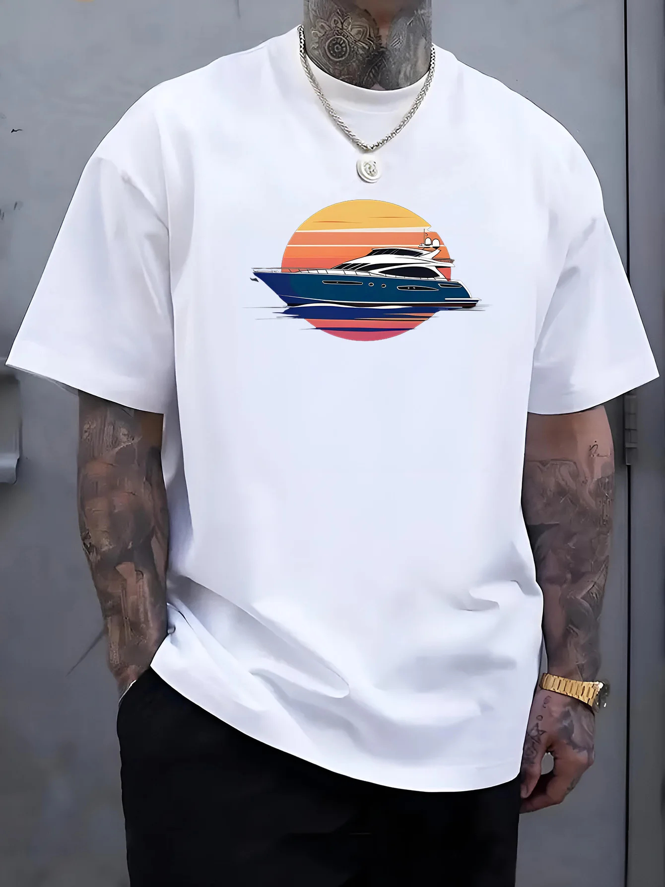 Male Black Round Neck T Shirt Colorful Sunset Circle Modern Motor Yacht Graphic Sea Sailing Holiday Enthusiast Light Cotton Tees