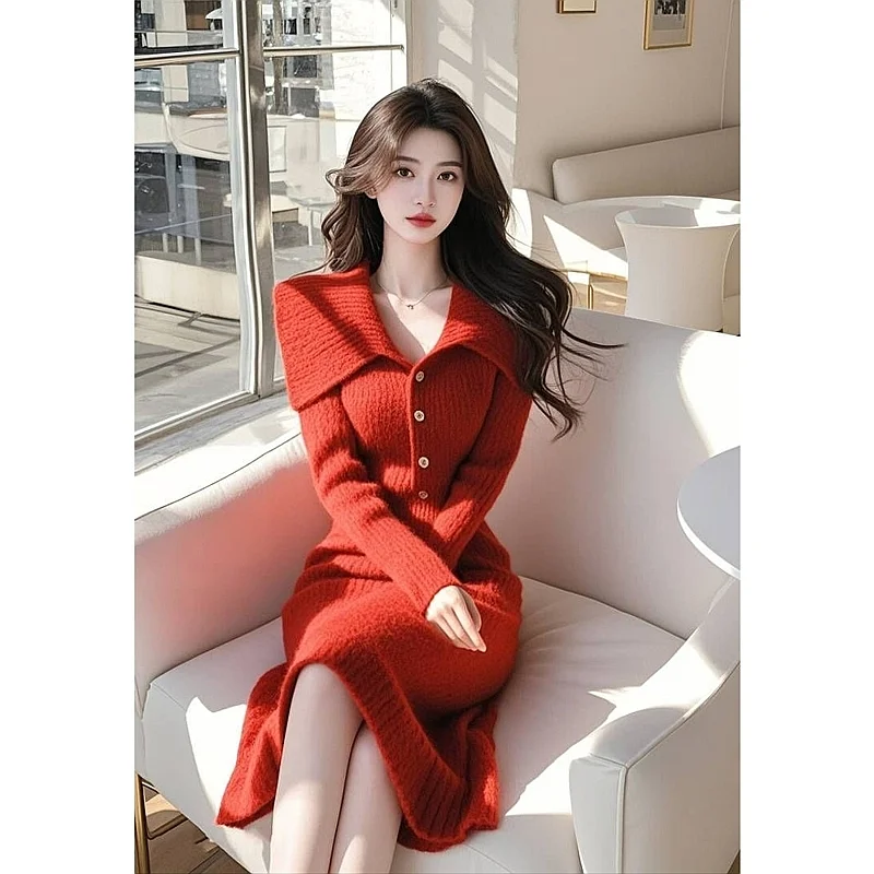 Outono inverno feminino ancara vermelho malha camisola vestido fino ajuste estilo tweed manga longa bodycon vestido para camadas sofisticadas