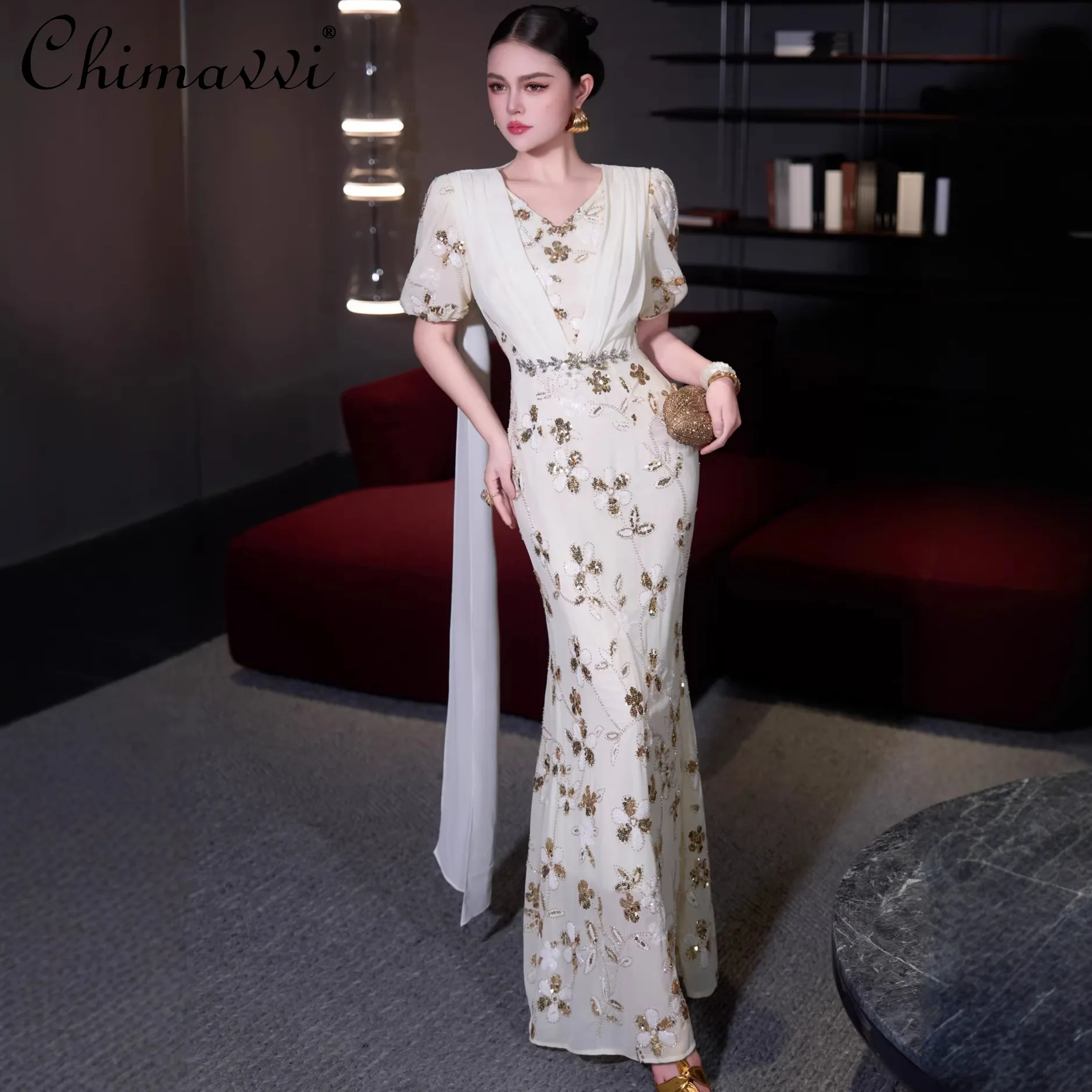 

Retro Heavy Sequin Beaded Short Collar V Neck Elegance Waist Fishtail Dress Spring Summer New Fashion Silm Elegant Long Dress
