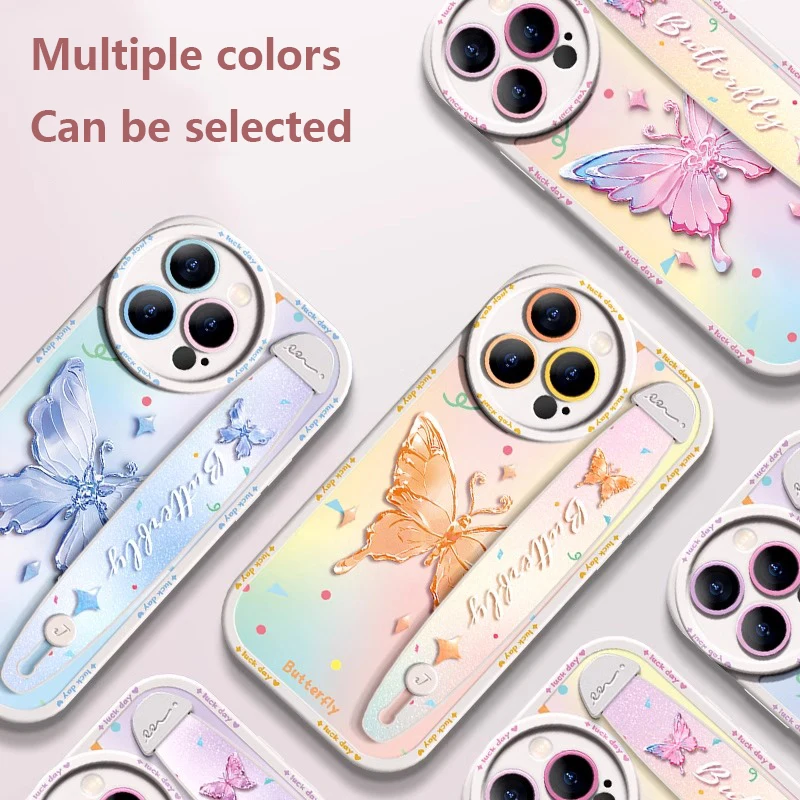 جراب بحزام معصم فاخر لهاتف أيفون 15 14 13 12 11 برو ماكس X XR Xs غطاء واقي للهاتف الخلوي من السيليكون فراشة الأحلام #2