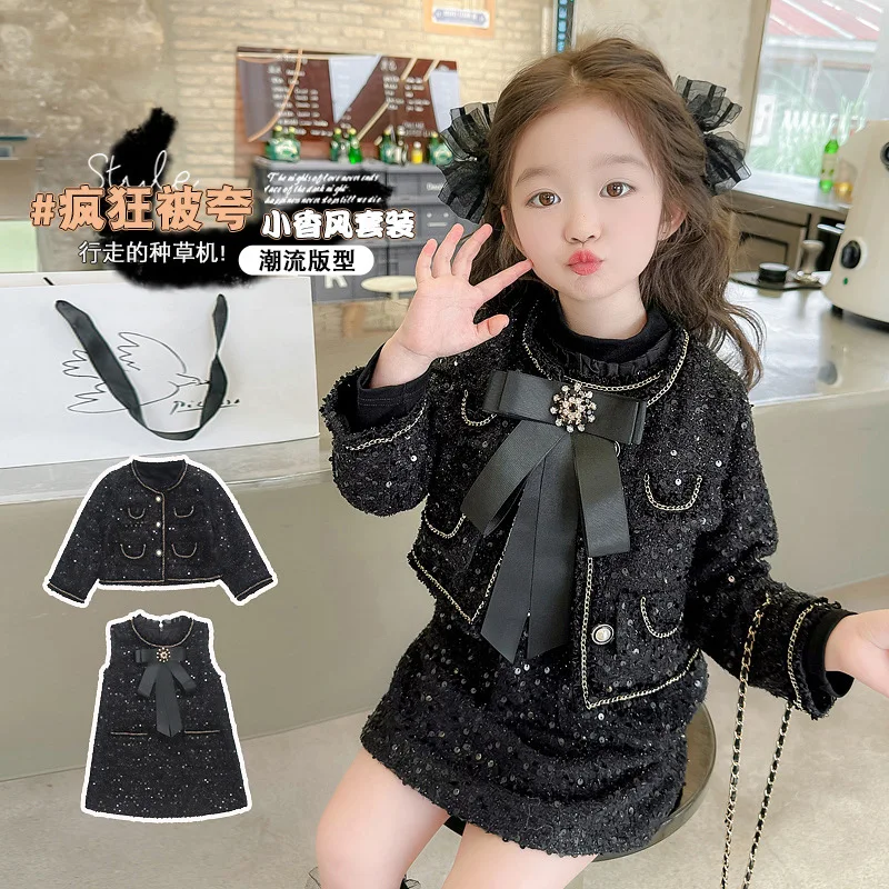 

Spring Autumn Children Fashion Coat+Dress Vintage Outfits Suit 2-8 yrs Sweet Outfits Kids Girls Sequins Princess Clothes Sets