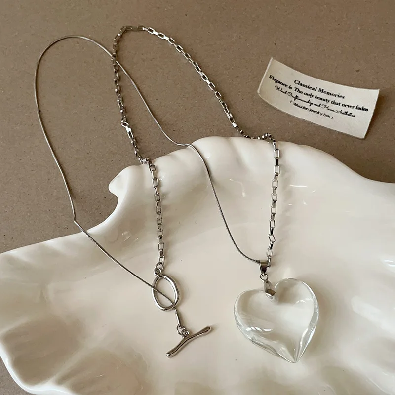 Minar na moda transparente vermelho preto amarelo vidro coração pingente colares para mulheres prata oco link corrente alternar fecho gargantilhas