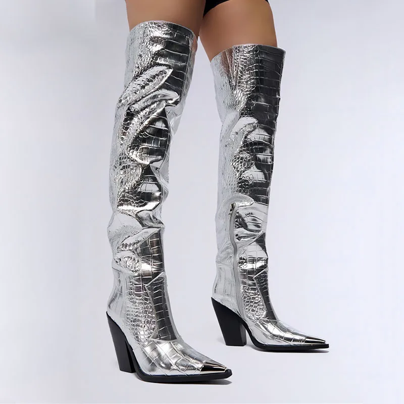 

Arden Furtado 2024 Autumn Metal crocodile pattern Over The Knee Boots Pointed toe Side zipper Chunky heels Modern boots