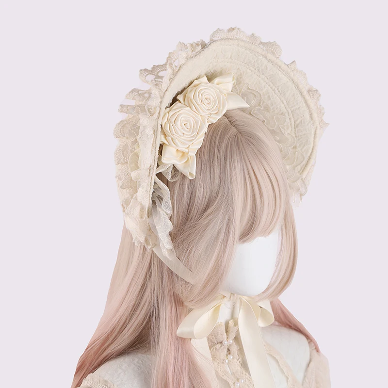 

Original Lolita Handmade Lace Bonnet Style Hat Sweet and Cute Rose Bow Hairpin Integrated Clip Accessories for Women