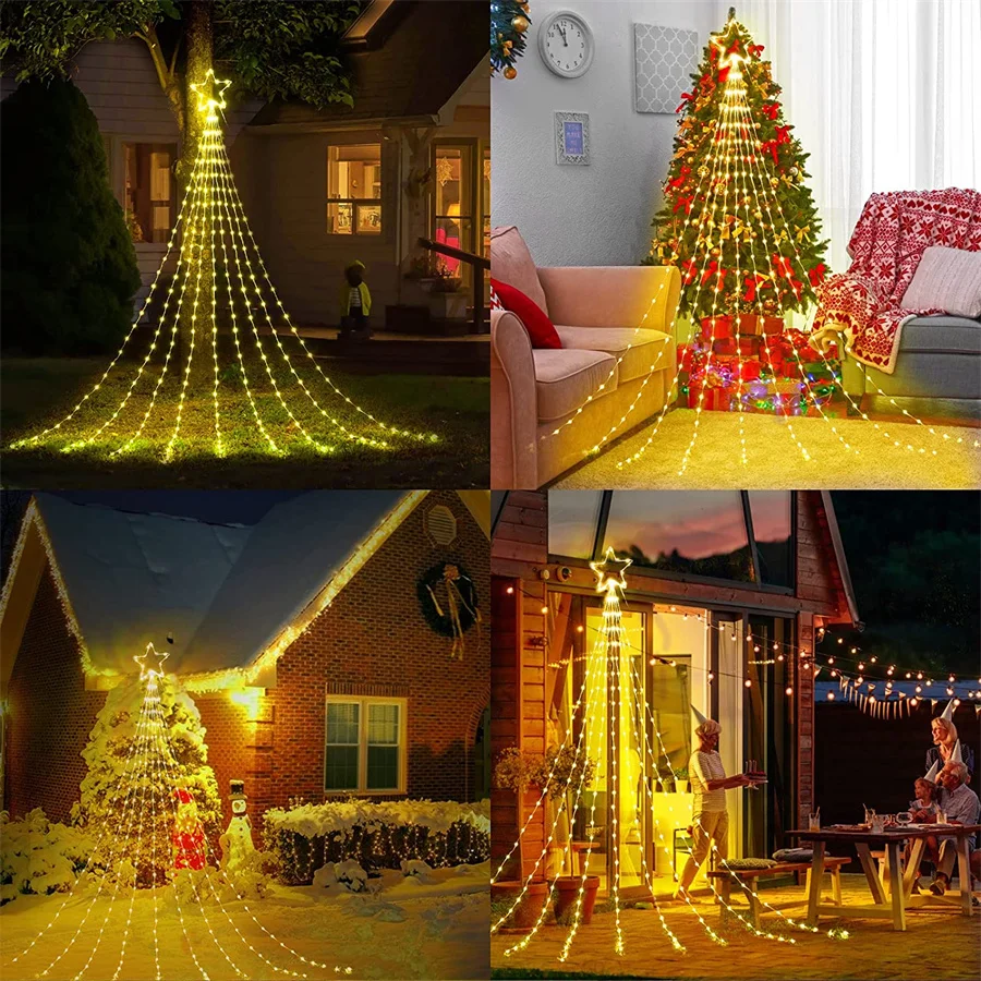 Outdoor Christmas Tree Decorations Star Waterfall String Light 9X2M 190 LED Topper Star Curtain Icicle Light Water Flow Light
