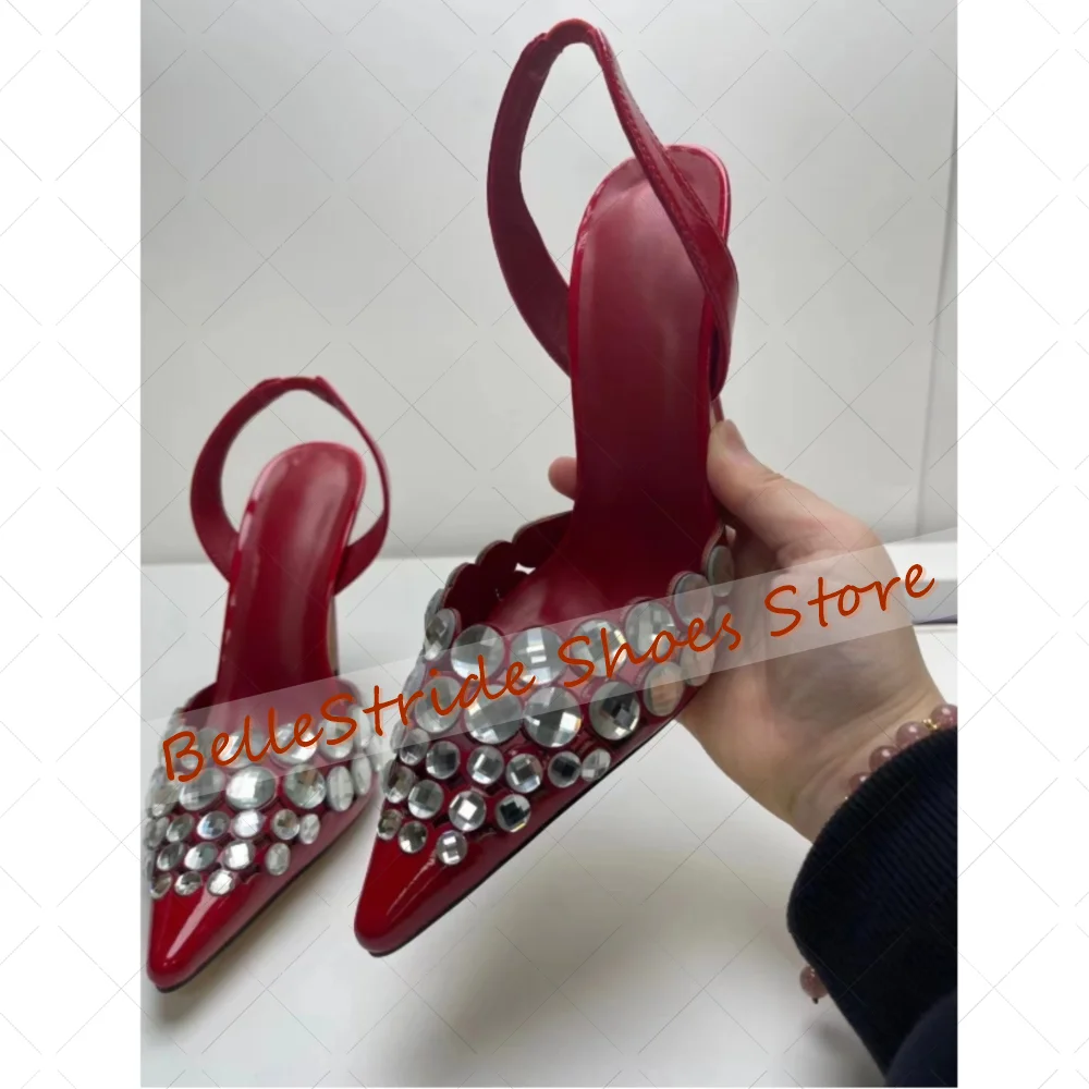 

Red Crystal Pointed Toe Sandals Patent leather Women Shoes Stilettos High Heels Party Banquet Dating 2025 Zapatos Para Mujere
