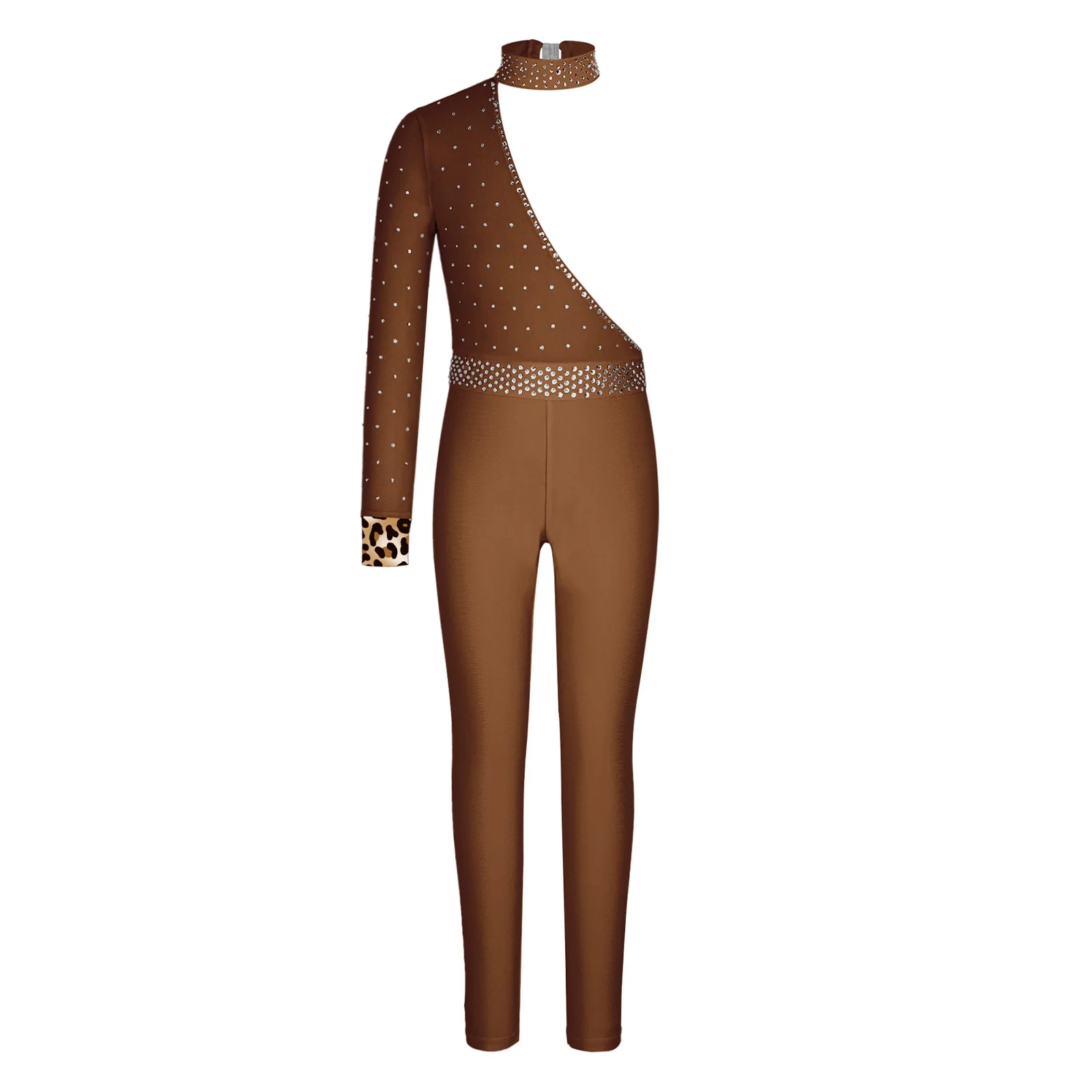 

Children Gymnastics Dance Outfit One Shoulder Mesh Long Sleeve Shiny Rhinestones Print Jumpsuit Sparkly for Competition Stage