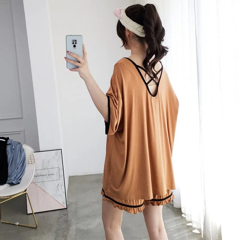 Summertime Simple Backless Pajamas Female Extra Large Short-sleeved T-shirt Shorts Two-piece Set Loose Loungewear Pijamas Women