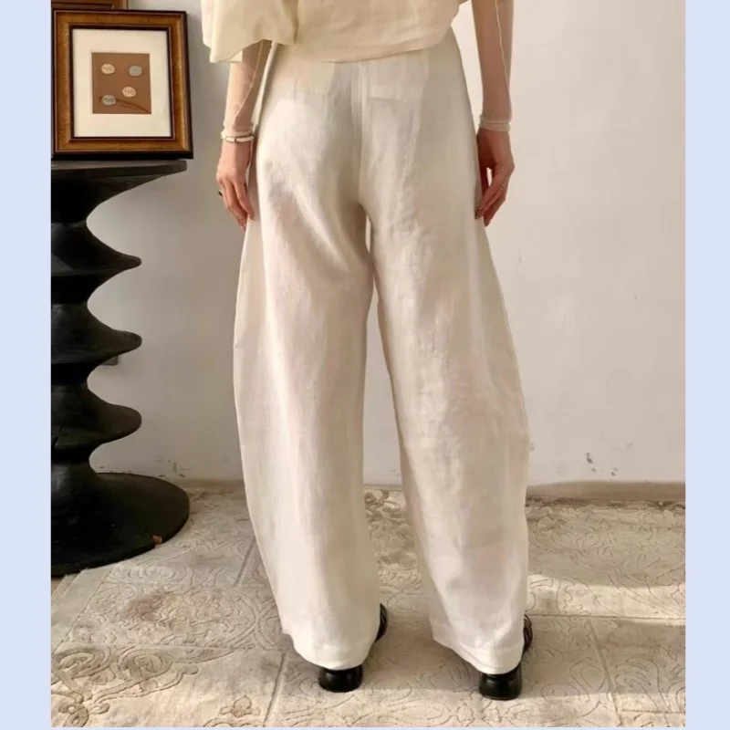 New Japanese style simple and lazy style cotton and linen lantern pants with cocoon drawstring and elastic waist in early autumn