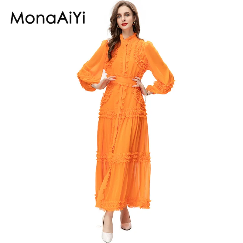 

MonaAiYi Fashion Designer Women's Stand Collar Translucent Puff Sleeve Detachable Girdle Fungus Ruffle Patchwork Orange Dress