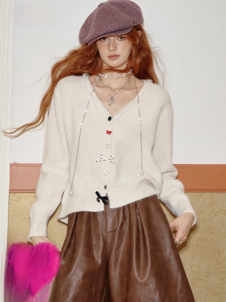 

Cloud-Like Soft Lace Knitted Open Cardigan with Loose Knot Design for Women V-Ne Long Sve Thiened Autumn Wear