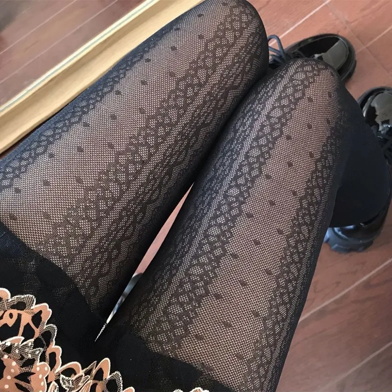 Retro Lace Vertical Stripe Jacquard Lolita Pantyhose Polka Dot Dense Mesh Thin Breathable Elastic Fashion Tights