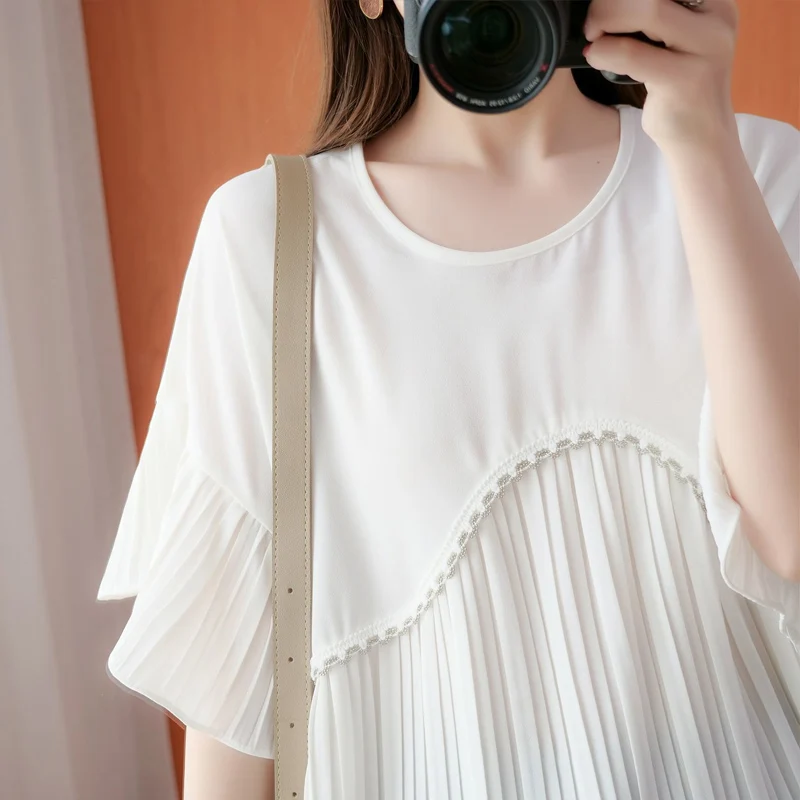 Summer New Fashion Oversize Solid Color Chiffon T-Shirts Women Round Neck Loose Short Sleeve Pullovers Pleated Personality Tops