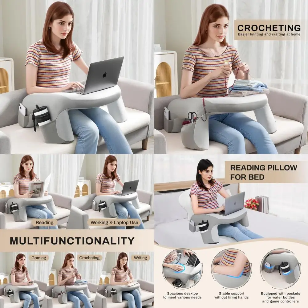 

Memory Foam Gaming Pillow with Cup Holder & Laptop Desk for Bed, Couch, Floor - Grey
