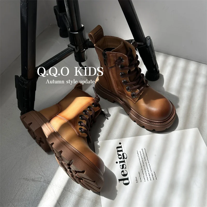 Children'S Brand Design Cowhide Fashion Short Boots Kids Thick-Soled Lace-Up Martin Boots Solid Color Round-Head Knight Boots