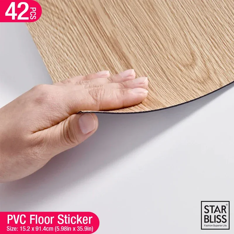 (pack of 42pcs/6m²)  PVC Self-adhesive Wood Grain Floor Wall Sticker Living Room Toilet Kitchen Waterproof Sticker 15.2 x 91.4cm