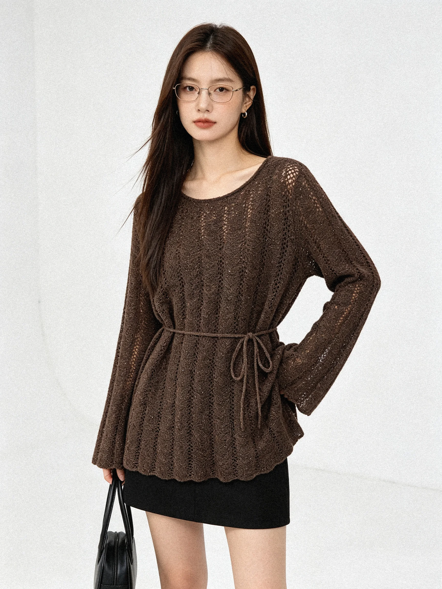 Lushkin Skin-Caring Glitter Knitwear round Necktie Waist-Cinching Commute Versatile Elegant Top Casual Style Soft Fabric