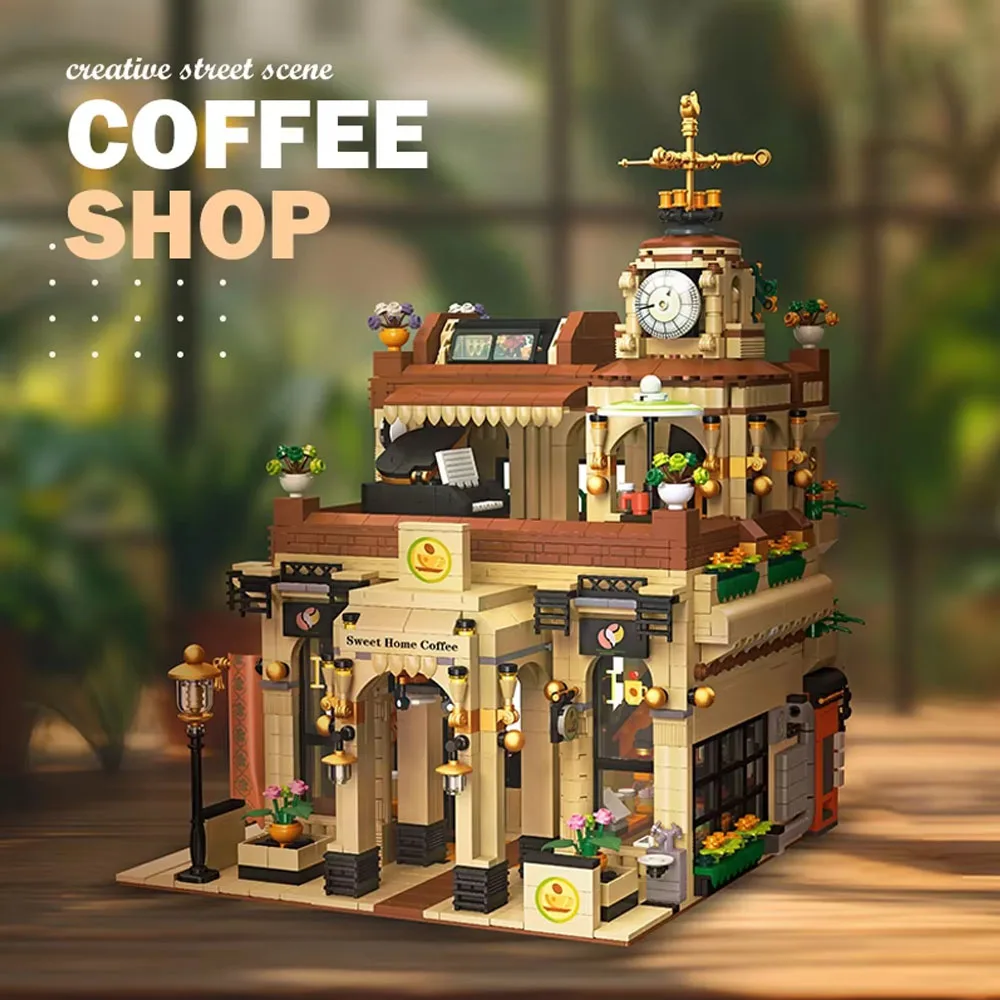 New JIESTAR 89120 MOC Retro Coffee House Shop Led Light Street View Building Blocks Star Coffee Puzzle Toys Christmas Gifts Kids