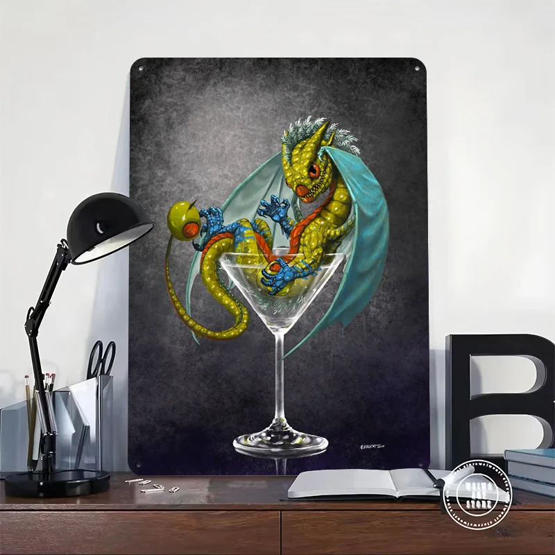 Martini Dragon 3D Printed Texture Poster Personalized Wall Art Retro Metal Tin Signs for Bar Accessories Decoration Bedroom Home