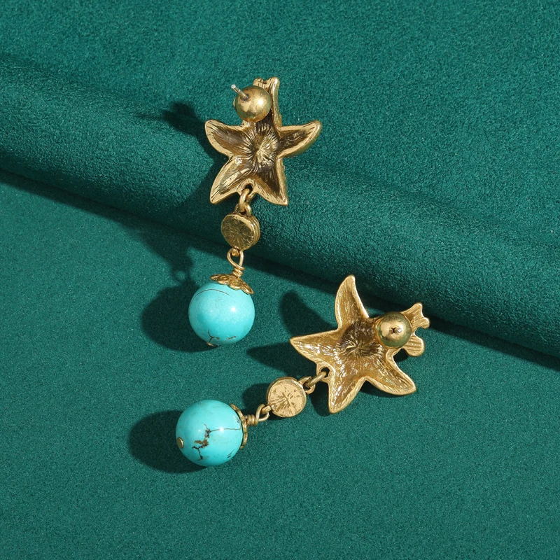 

Vintage Full Starfish Turquoise Earrings Elegant Natural Stone Ancient Woman Gold Color Luxury Brand High Quality Gift Wedding