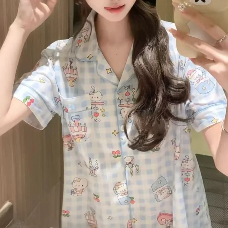 

Sanrio Hello Kitty Pajama Set Short Sleeve Shorts for Women Students Summer Casual New Homewear Style Blue Plaid Loungewear Set