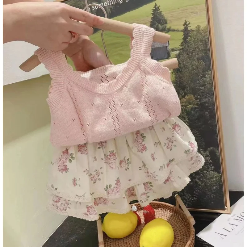 Korean Children's Clothing23Summer Girls' Suit French Sweet Hollow-out Knitted Camisole Flower Bud Skirt Pants for Children-KXKM