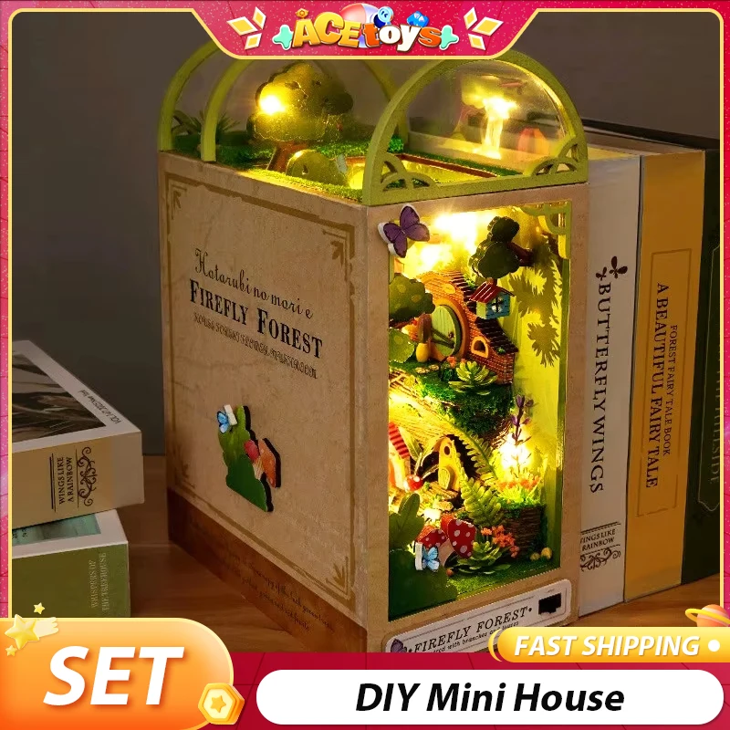 Wood Bookends Building Model Puzzle Toy DIY WIth LED Light Assembly Model Home Decoration Miniatures House Kit