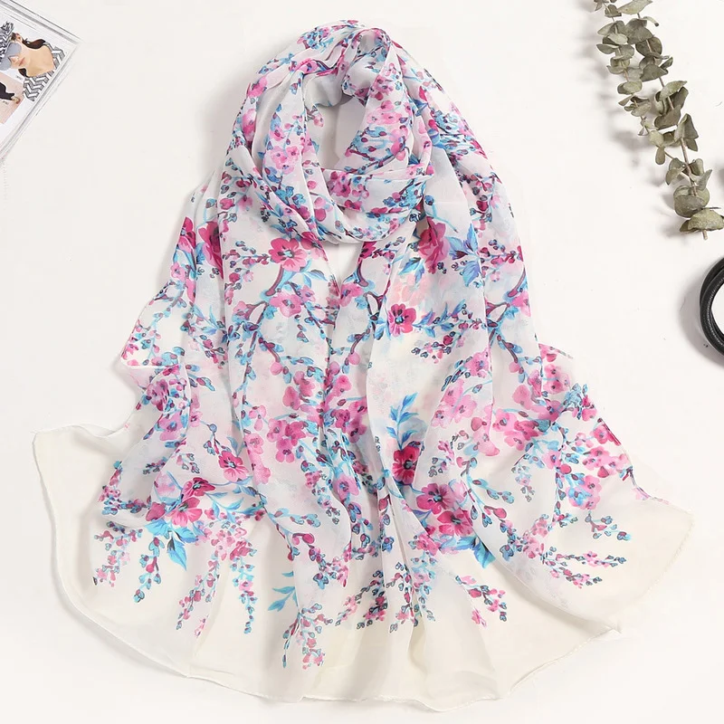 New Fashion Spring Summer Thin Scarves Elegant Women Floral Print Silk Scarf Beach Sunscreen Long Wraps Chiffon Shawls Hijab