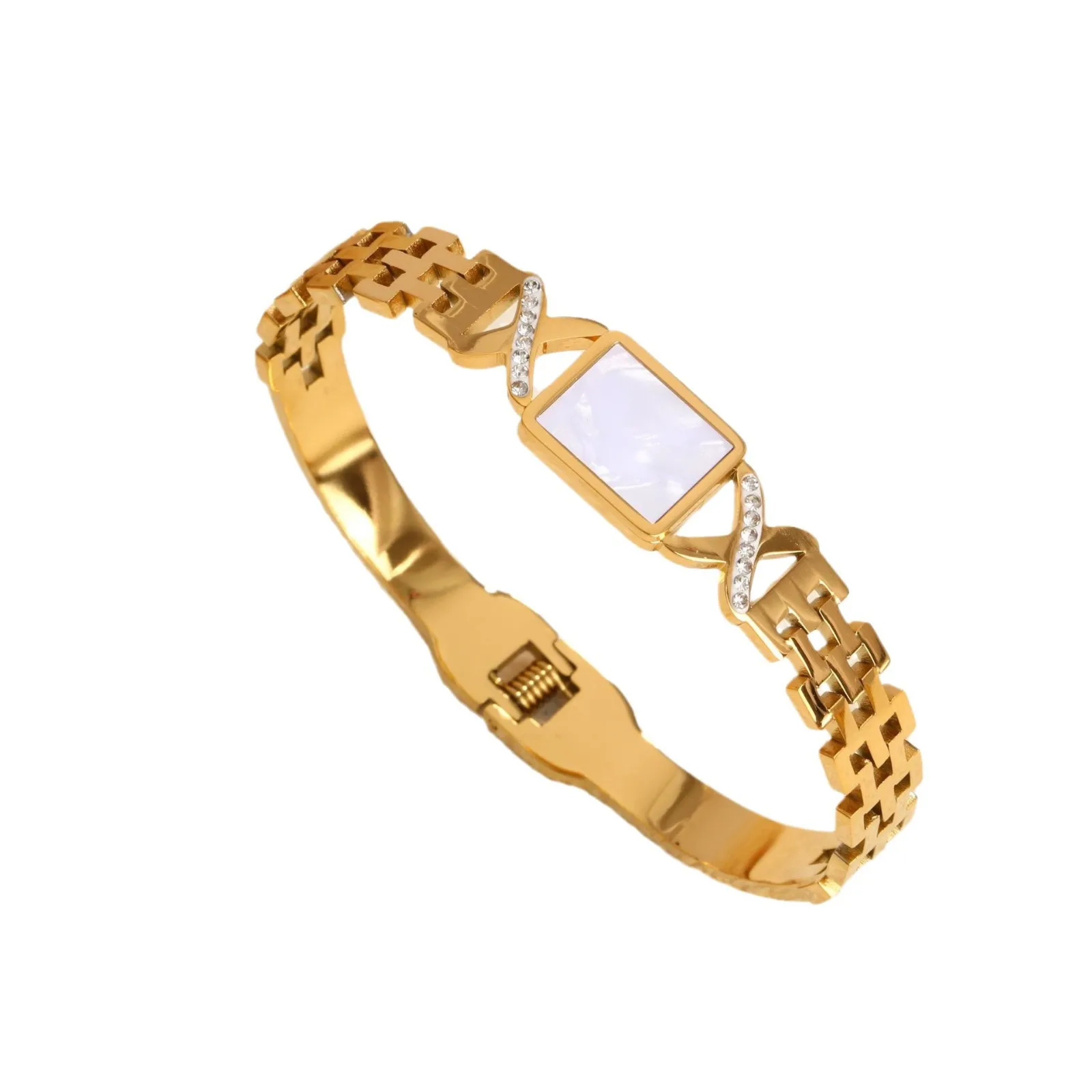 

AETEEY Full Titanium Steel Diamond-Inlaid Mother-of-Pearl Bracelet, Spring-Open Luxury 18K Plated Fade-Resistant Jewelry