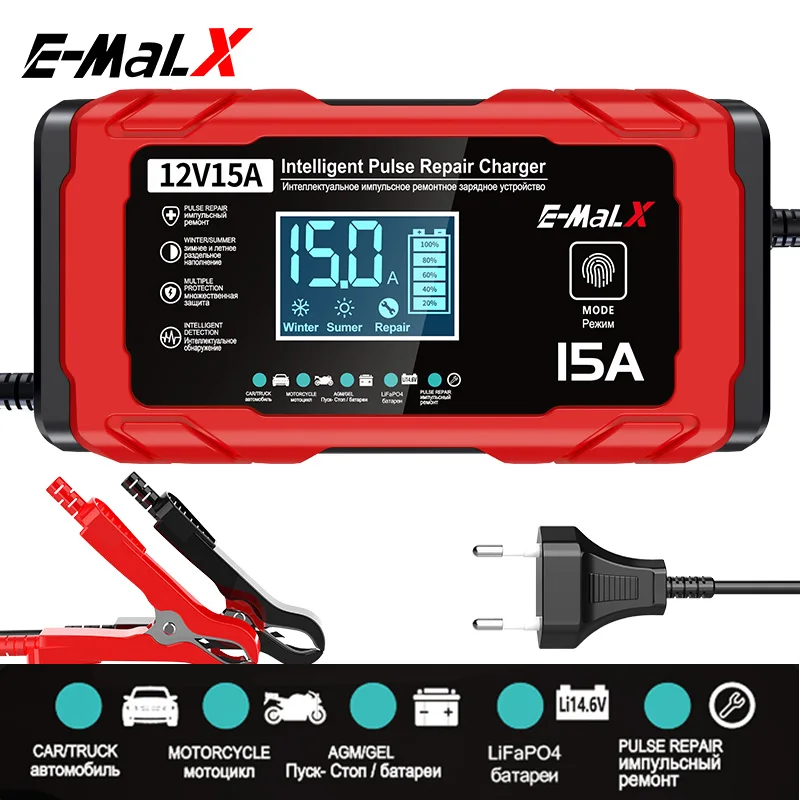 

12V 15A Smart Car Battery Charger 14.6V 15A Electric Motorcycles Charger For Lifepo4 Lead Acid AGM GEL PB Lithium Battery Repair