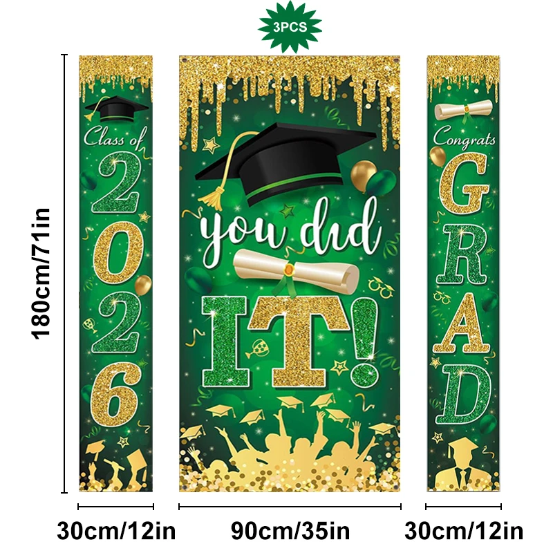 2D Flat 3-Piece Green Gold Graduation Decor Set, 1 Pair Couplet & 1 Banner, Indoor Outdoor Hanging for Wedding