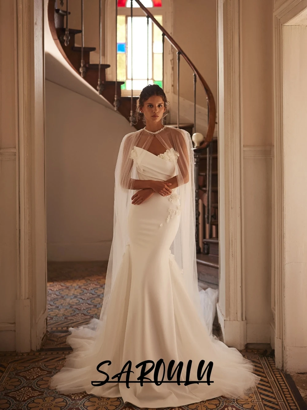 

2026 Glamorous Flowers Wedding Dress With Cape Elegant Satin Tulle Mermaid Customized Modern V Neck Minimalist Bridal Gown