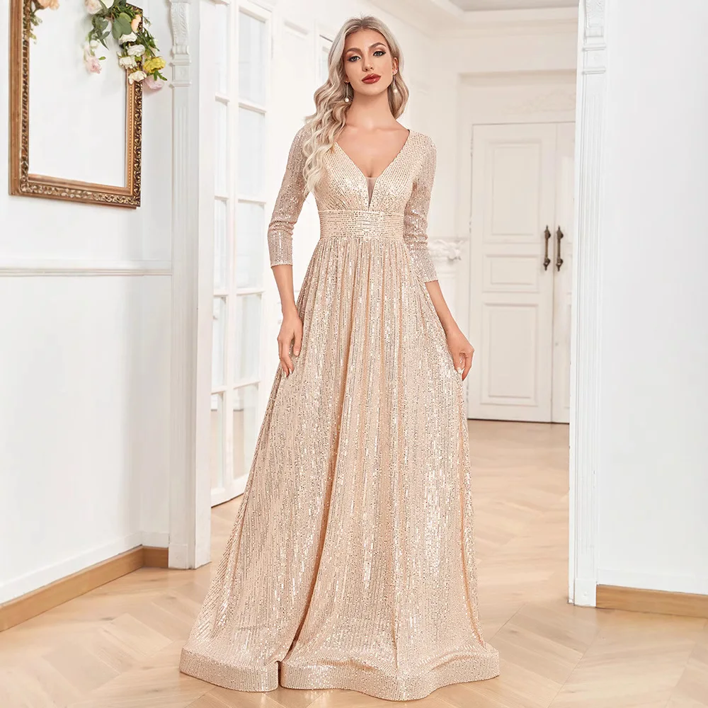 

New sequined evening gown with elegant temperament, long sleeved banquet, European and American slim fit V-neck long dress