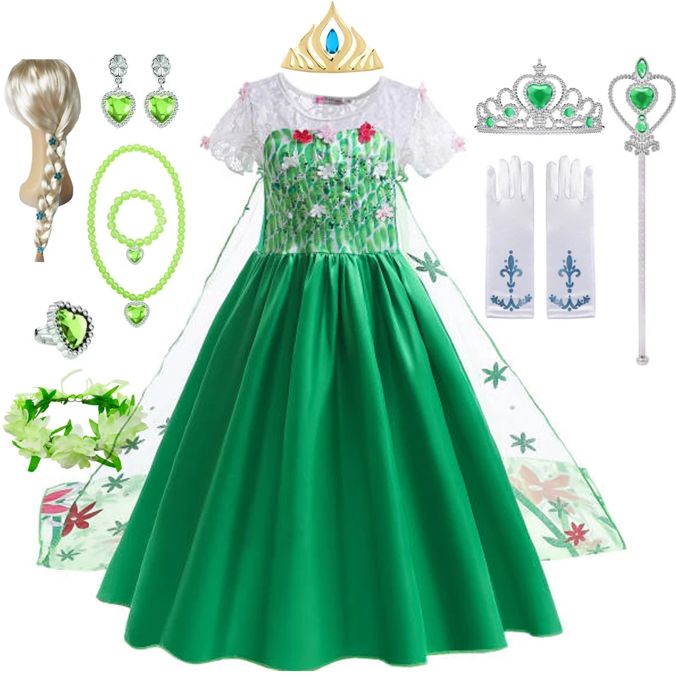 Elsa Green Dress for Kids Girl Princess  Costume Dresses  Children Long Cloak Floral Lace Ball Gown Summer