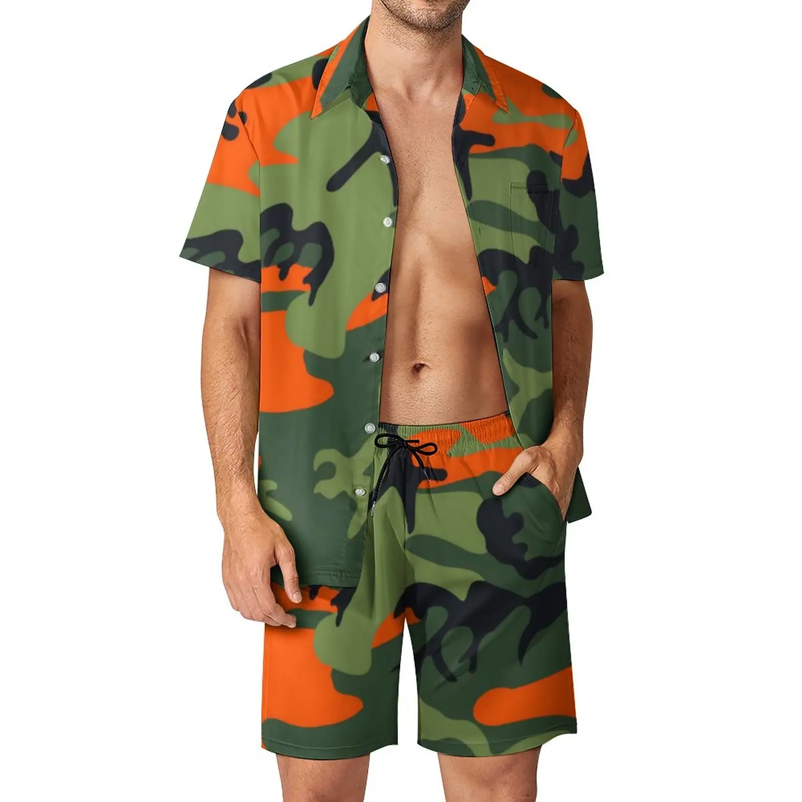 Orange And Green Camo Men Sets Army Vector Camouflage Aesthetic Casual Shirt Set Short Sleeve Shorts Summer Fitness Outdoor Suit