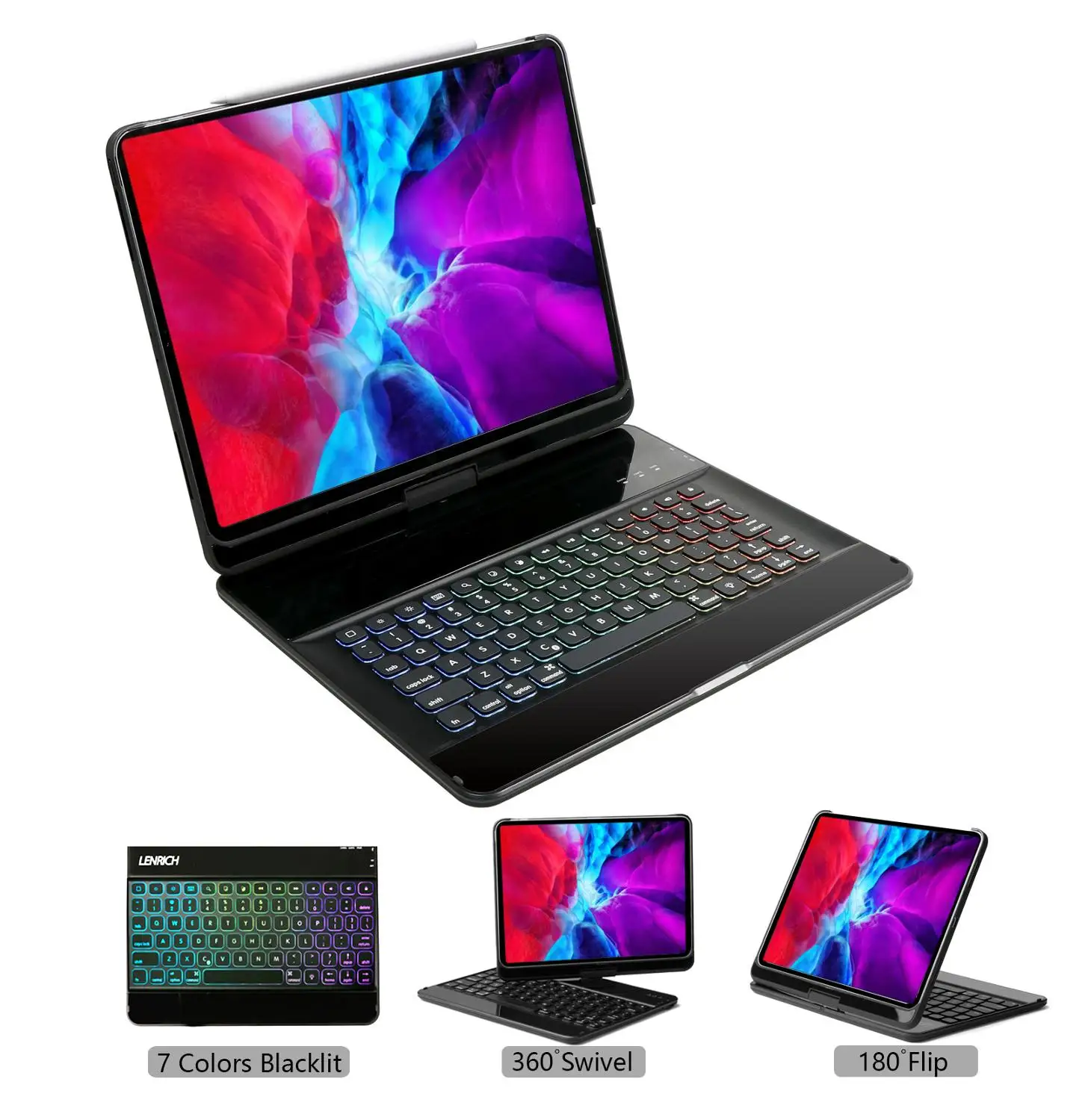 For iPad Pro 12.9 inch 2020 4th & 3rd Gen 2018 case keyboard backlit 360 rotation smart  English Russian Spanish keyboard folio