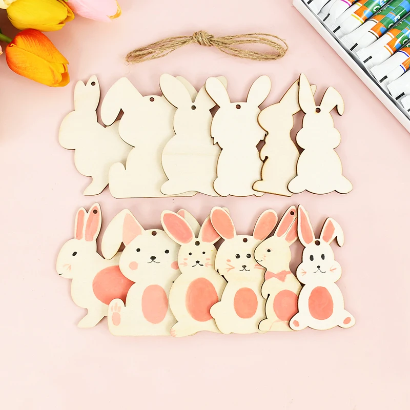 6/12pcs Wooden Easter Bunny Ornament Cute Rabbit Carrot Pendants Wood Slice Easter Decoration For Home Kids DIY Painting Crafts