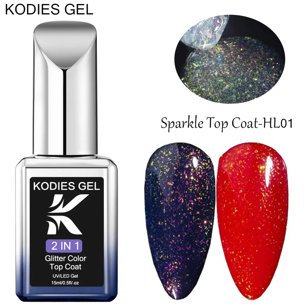 KODIES-Aurora طلاء أظافر جل لامع ، معطف علوي ، تألق ، صبغة كروم ، تألق ، تشطيب ، سدادة ، معطف علوي ملون ، فن الأظافر ، 2 في 1 #1