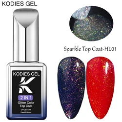 KODIES GEL Aurora Sparkle Top Coat Glitter Gel Nail Polish 2 IN 1 Chrome Pigment Shine Gel Finish Sealer Color Topcoat Nails Art