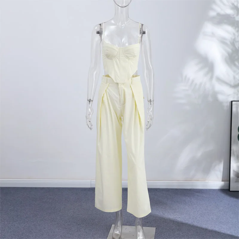 Korsett-Tops und Plissierte Hosen Sets für Damen, Sexy Spaghetti-Träger, Schulterfreies Ärmelloses Top mit Unregelmäßigem Saum und Weiter Hose, Neu – Detail 1