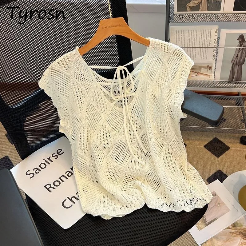 Sweater Vests Women Summer Backless Hollow Out O-neck French Style Office Lady Solid Drawstring Knitted All-match Loose Simple