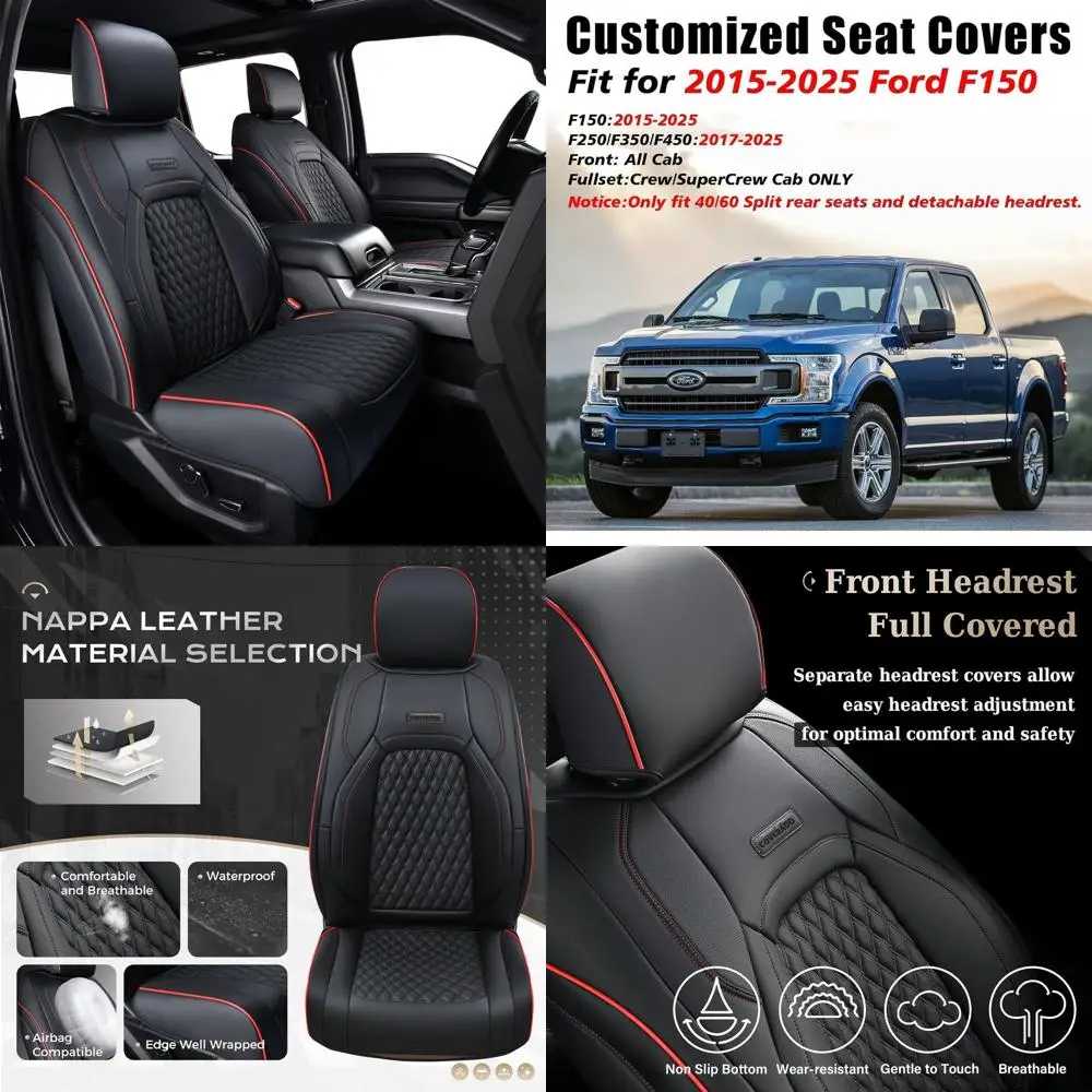 

Front Seat Covers for Ford F150 2015-2025, F250 F350 F450 2017-2025 SuperCrew Crew Cab, Red and Black Leather Car Seat Covers, F