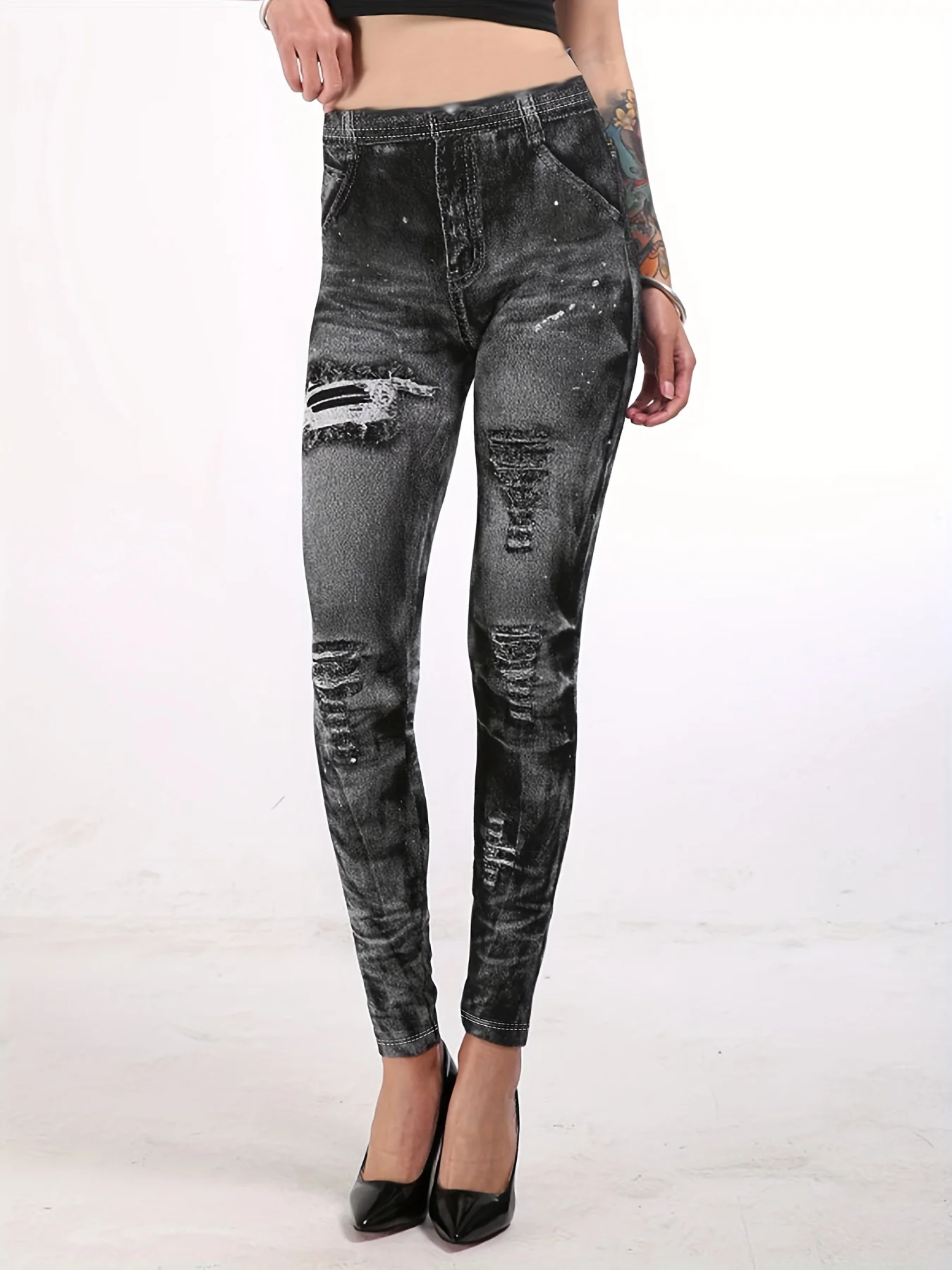 

Women's Imitation Denim Leggings High Waisted And High Elastic Leggings Casual Pencil Pants